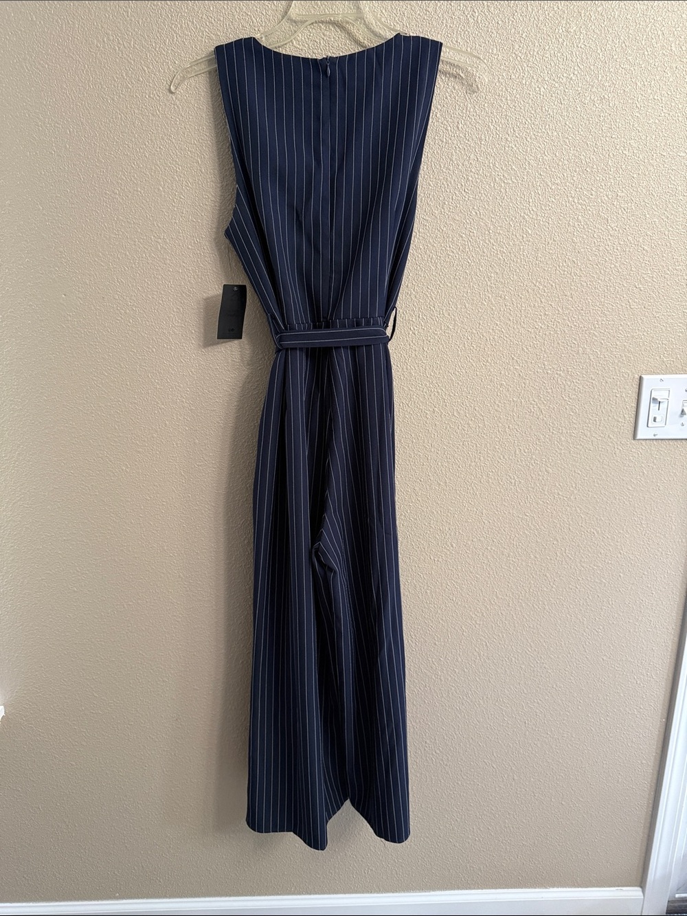 eesome Navy and White Pinstripe Sleeveless wrap tie belt  Midi jumpsuit
